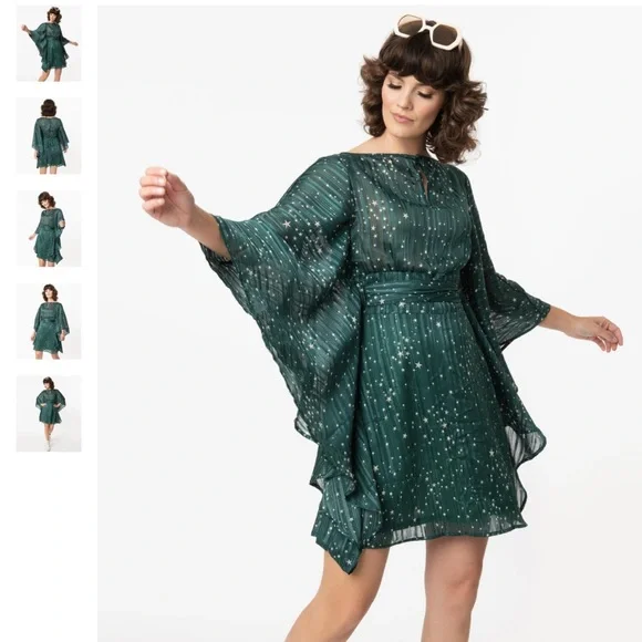 Smak Parlour Green & Silver Star Print Social Climber Caftan - Picture 3 of 3